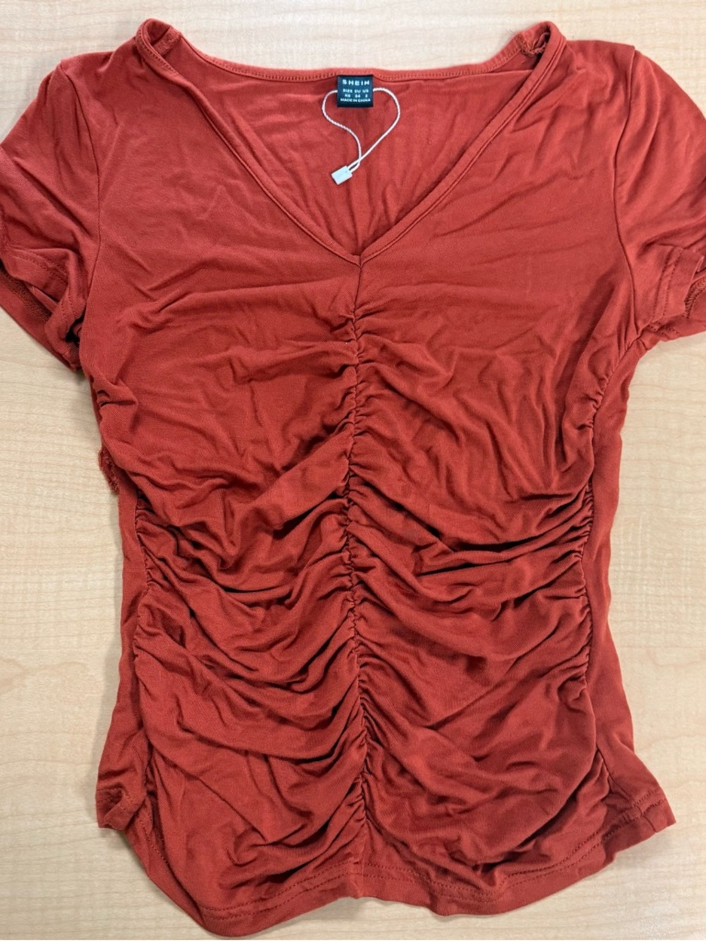 SHEIN Rust Ruched V-Neck Short Sleeve Top AS New/Never Worn